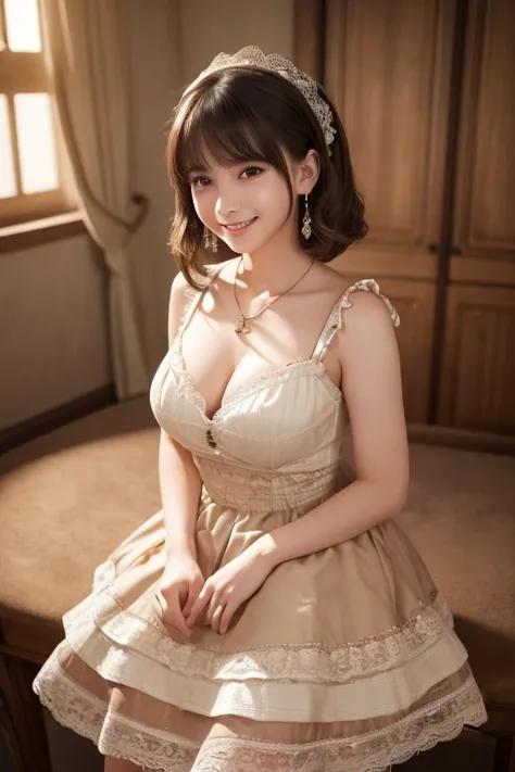 A young girl with white skin, short layered dark brown hair with bangs, brown eyes, and a soft aura. Dressed in a classic lolita dress with a tiered skirt, lace details, and a sweet smile. She has a cross necklace, earrings, and a ring. (Highest quality, U...