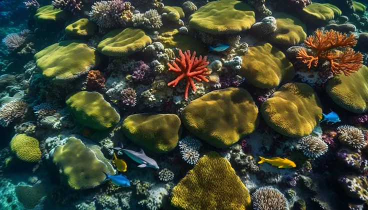 In the seabed a dolphins swimming in the background there are different colorful swimming fishes and stunning colorful corals around.There is a red starfish on the ground. The seabed is a beautiful sight as the light beams of the yellowish sunlight, suns r...