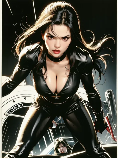 1woman, longhair,dark eyes, fine lips, Round face, huge breasts,exposed cleavage, Broad Hips, wearing leather bodysuit, fierce gaze, sharp claws ready to attack, teeth showing, sfw