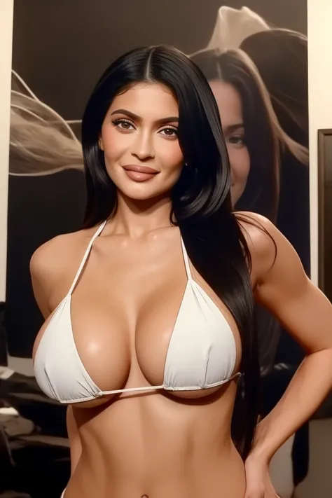 kylie1,1girl, solo, (realistic),(hyperrealism),(best quality),(masterpiece),(ultra high res),(photorealistic),(film grain),(bikini , huge breasts , wide hips , milf),eye makeup,detailed eyes,detailed bedroom  , smile ,long straight hair