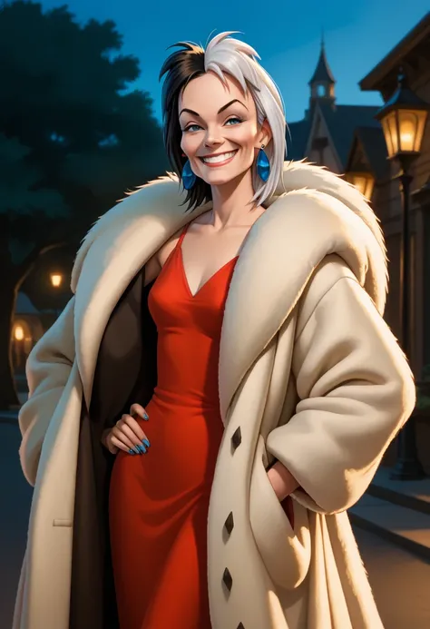 score_9, score_8, score_9, BREAK, cruella, multicolored hair, dress, fur coat, earrings, smirk, outdoors, natural lighting