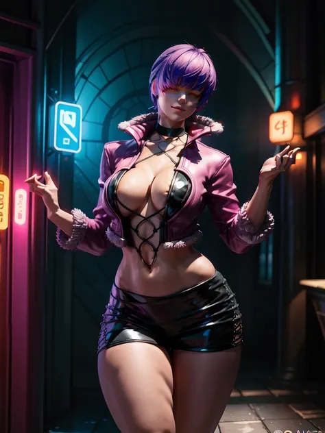 (night), in a video game scene with a neon background and a neon light,
Standing at attention,
pink suit, pink jacket, choker, neckline, clothing cut, 
earrings,
 purple hair, eyes completely covered by hair bangs ((hair over eyes)),
1 girl, 20 years old, ...