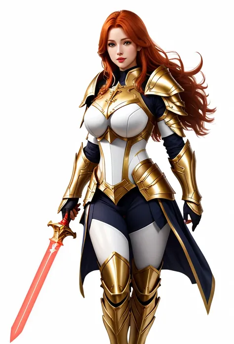 paladin, female, full armor, white armor, sexy, pretty face face, glowing armor, wonderfull,, full body, Meilleure qualité, 1fille seulement, one body, gros seins, clivage, rideaux de poitrine, glowing sword, red and gold shield color, red white and gold a...