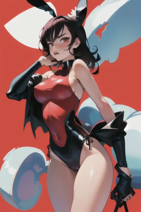 best quality, masterpiece, high definition, high resolution, 1girl, one-piece swimsuit, (wide hips:1.2), (bunny ears:1.2), simple red background, detailed face, (muscular female:0.8), cross, goth, emo, death_note, 