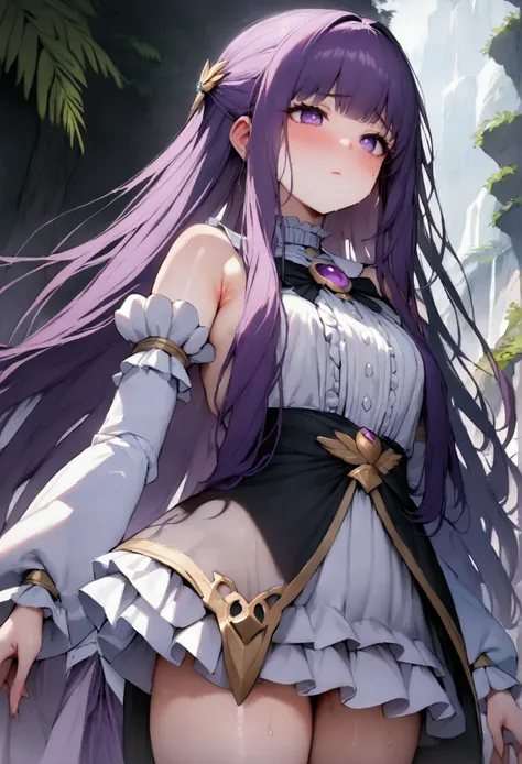 NSFW,masterpiece,Highest quality,High resolution,Super detailed,Fern(Funeral of Frieren),Purple eyes,Purple Hair,Long Hair,Fantasy,(Magical girl),Frill dress,Sleeveless,Removable sleeves,mini skirt,brooch,gem,blush