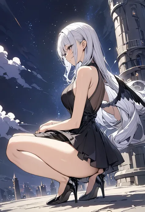 ((Highest quality)), ((masterpiece)), (detailed), One girl,Silver Hair,Long Hair，Dark Skin,Wearing a black sleeveless dress，Wear black high heels，Squatting pose on top of the tower,Starry Sky，cloud，Girl with black wings，Look away