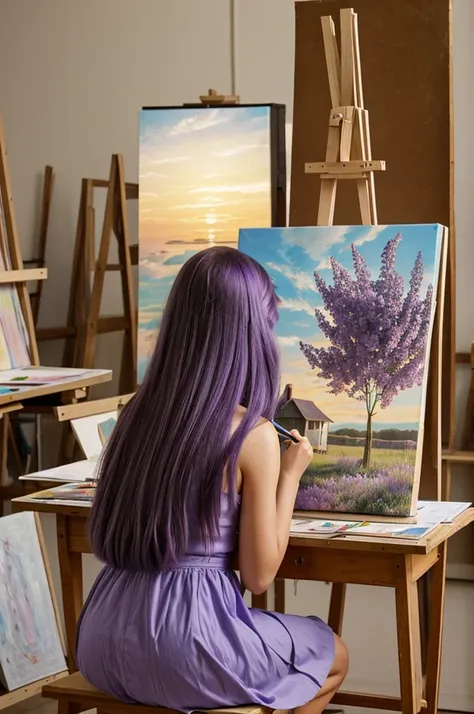 An art room where there are several canvases and in one of these a girl with a lilac dress and long hair is sitting and she is drawing a sunset on the canvas but in the art room there is no one else.
