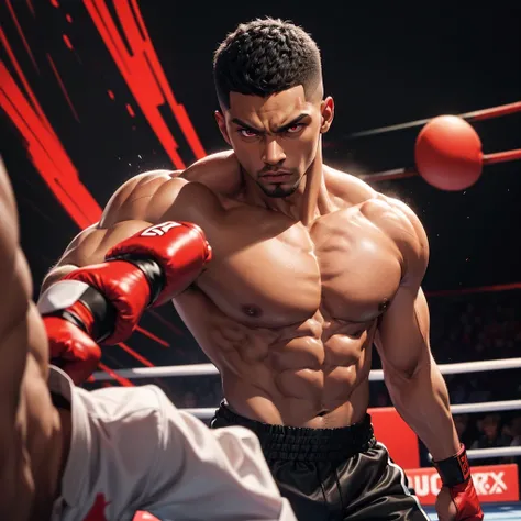 A midshot of a fiercely determined man exudes confidence with his light brown skin, black medium taper fade, and striking red eyes. He stands in a powerful boxing stance, with his guard up,an eye catching boxing gym background. This captivating image is re...