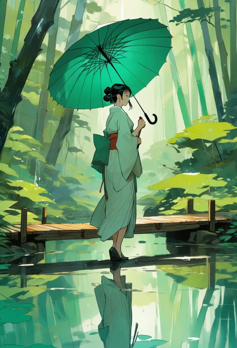 NijiEX style illustration of a Japanese  holding a transparent umbrella. She is walking across a wooden bridge, with her reflection on the wet ground. The background is a lush emerald forest.