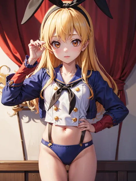 (masterpiece, best quality, highly detailed, ultra detailed, high resolution, absurdres, 4K, 8K:1.2), 
BREAK,shimakaze uniform:1.5, 10 years GIRL,Blonde_HAIR,(RED Ribbon on HAIRband:1.2)