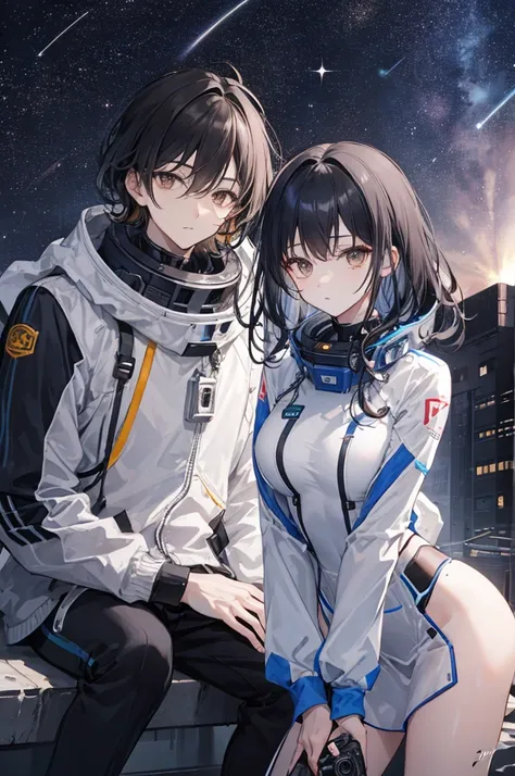 Draw a couple. a woman and a man. The woman with wide hips straight black hair with well-combed waves and a bald man athletic appearance wide nose space suit street shot cowboy silver chain on his neck, sitting on a research platform floating in the middle...