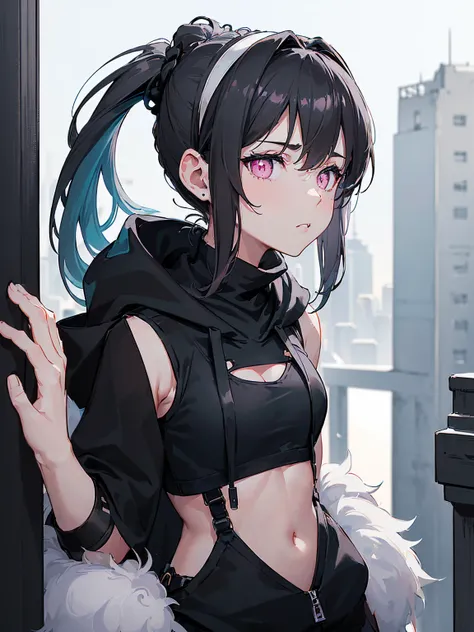 high resolution, (masterpiece), 4k, (high detail), portrait, ((from front)), (upper body), ((1girl)), teen, (((detailed light_gray_hair tied in ponytail))), (black_hairband), ((pink_eyes_with_blue_tint)), ((teal_colored_pupils)), fair skin, athletic, (b-cu...