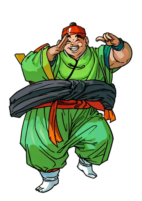 cute fat boy in Akira Toriyama art style, green chinese kung-fu clothes