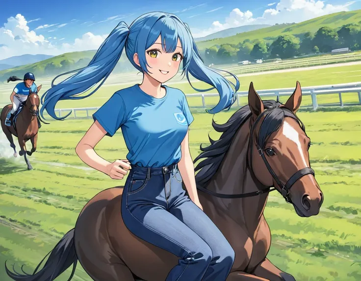 Light blue long hair、Beautiful girl with twin tails、T-shirt and denim jumpsuit、Bright smile、Thoroughbred Ranch、Lots of race horses、blue sky、Lots of horses、Horses running through the pasture