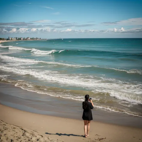 On a bright summer day, a woman stands at the edge of Rockaway Beach in Queens, with only her legs and feet visible in the frame. Shes taking a picture of the expansive coastline, capturing the vibrant scene of beachgoers, umbrellas, and waves crashing gen...