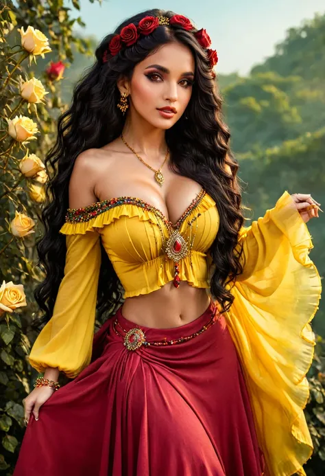 ((Shulamite gypsy )) millions of yellow and red roses , Stands tall and shows your perfect figure at all times, covers your entire body Dresses in shades of red,golden, yellow with a puffy blouse full of ruffles, gypsy scarf on the shoulders and a beautifu...