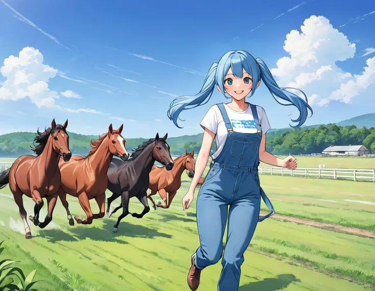 Light blue long hair、Beautiful girl with twin tails、T-shirt and denim jumpsuit、Bright smile、Thoroughbred Ranch、Lots of race horses、blue sky、Lots of horses、Horses running through the pasture