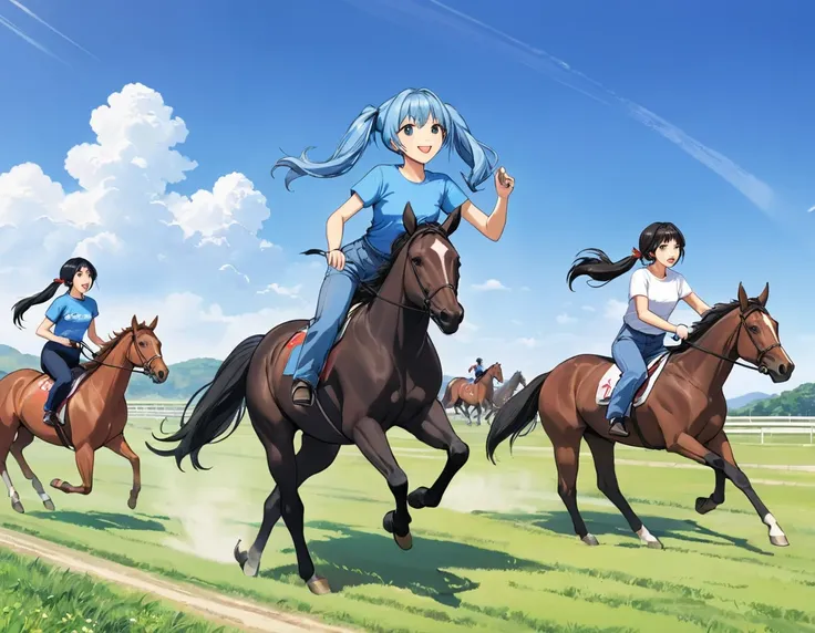 Light blue long hair、Beautiful girl with twin tails、T-shirt and denim jumpsuit、Bright smile、Thoroughbred Ranch、Lots of race horses、blue sky、Lots of horses、Horses running through the pasture