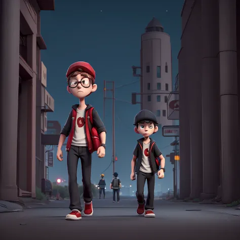 a scene where a mysterious figure chases another character (young guy, WITH BLACK LENSES, Red Hat, large headphones, carrying a backpack, with a scared face) on the empty street at night.