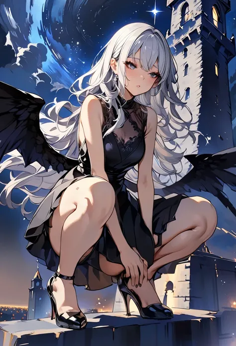 ((Highest quality)), ((masterpiece)), (detailed), One girl,Silver Hair,Long Hair，Dark Skin,Wearing a black sleeveless dress，Wear black high heels，Squatting pose on top of the tower,Starry Sky，cloud，Girl with black wings，Look away，wallpaper