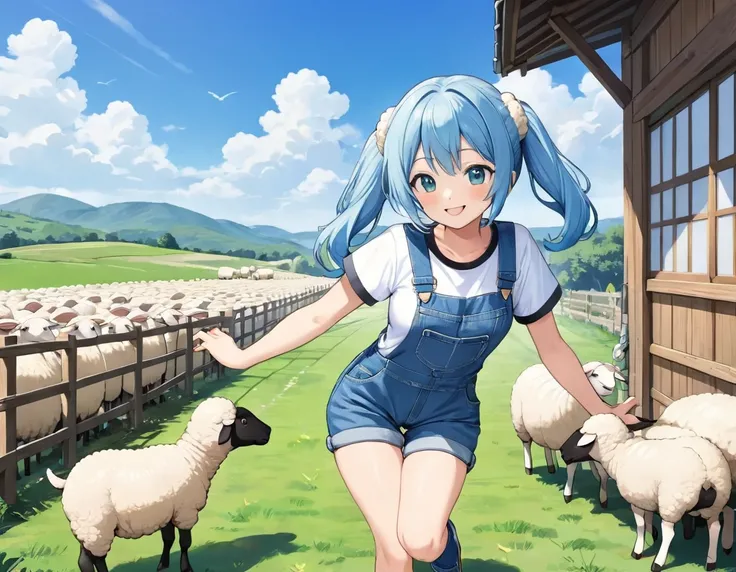 Light blue long hair、Beautiful girl with twin tails、T-shirt and denim jumpsuit、Bright smile、Sheep Farm、Lots of sheep、blue sky、A dog is chasing sheep、