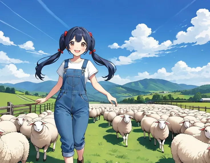 Light blue long hair、Beautiful girl with twin tails、T-shirt and denim jumpsuit、Bright smile、Sheep Farm、Lots of sheep、blue sky、A dog is chasing sheep、