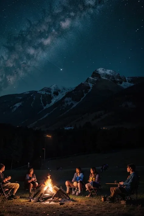 Draw a wide lofi anime scene of a campfire in the middle of school.., people everywhere, mountain background, front view, Starry Night, dark bluish tones, Masterpiece, melancholic scene,