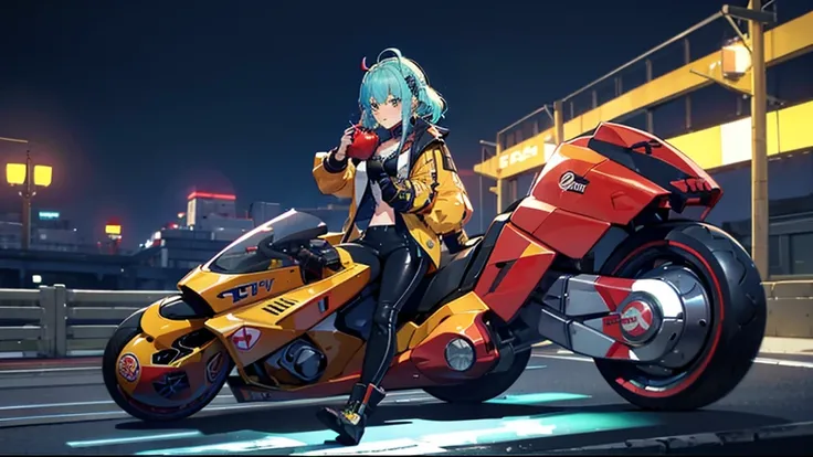 Wearing a souvenir jacket、woman、Eating an apple、Night Port、Embarrassed expression、Motorcycles of the future、masutepiece、The color of the bike is yellow、 light blue hair, ear blush, full blush, anime, cinematic lighting, UHD, highres, best quality, 8k