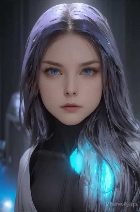 The image shows a young woman with a futuristic and high-tech look, dressed in a tight-fitting suit that appears to be a mix between armor and combat clothing.

### Physical description:
- **Hair**: He has long dark hair, that falls loose on his shoulders....