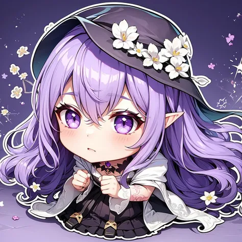 Adult elf girl. Witch, witch hat, flowers in hair. Purple hair, purple hair. Medieval. Tattooed. chibi, 
