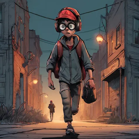 a scene where a mysterious figure (like a shadow) chase another character (young guy, WITH BLACK LENSES, Red Hat, large headphones, carrying a backpack, with a scared face) on the empty street at night.