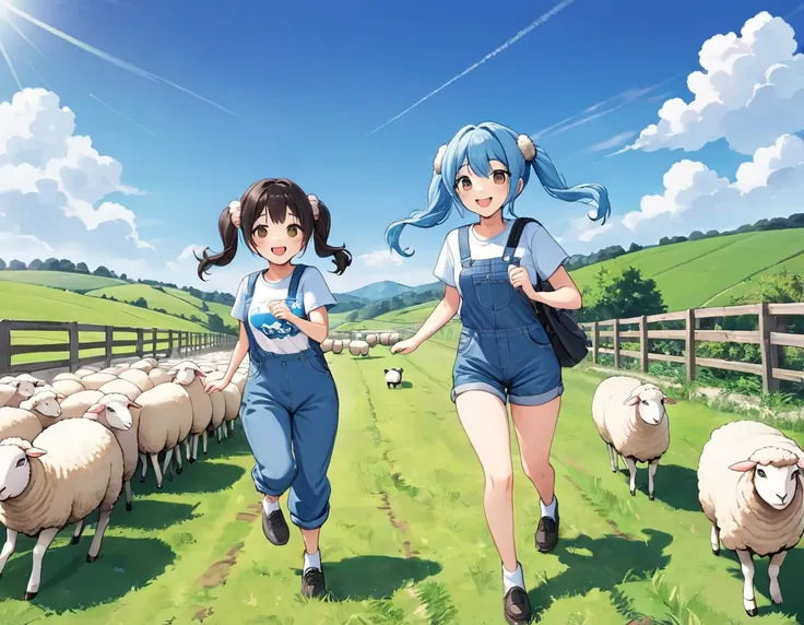 Light blue long hair、Beautiful girl with twin tails、T-shirt and denim jumpsuit、Bright smile、Sheep Farm、Lots of sheep、blue sky、Two dogs are chasing sheep、