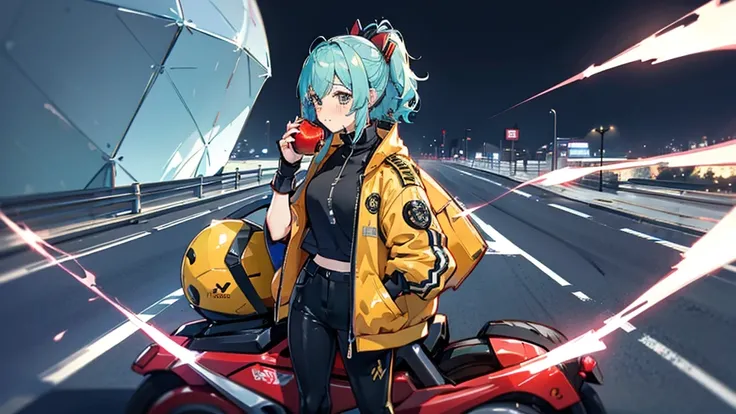 Wearing a souvenir jacket、woman、Eating an apple、Night Port、Embarrassed expression、Motorcycles of the future、masutepiece、The color of the bike is yellow、 light blue hair, ear blush, full blush, 顔をはっきりと描いて, 海の見える港, anime, cinematic lighting, UHD, highres, be...