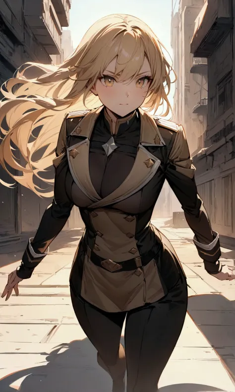 (masterpiece, best quality, super detailed, best shadows), (detailed background,) sci-fi liberator captain blond young strong confident strong healthy strong military uniform women