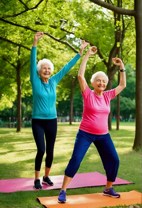 An outdoor park on a sunny day. Show at dinner ((an elderly couple)) in colorful sportswear, ((smiling and doing physical exercises)) (highlighting its flexibility and freedom of movement, symbolizing pain relief and a high quality of life). The background...