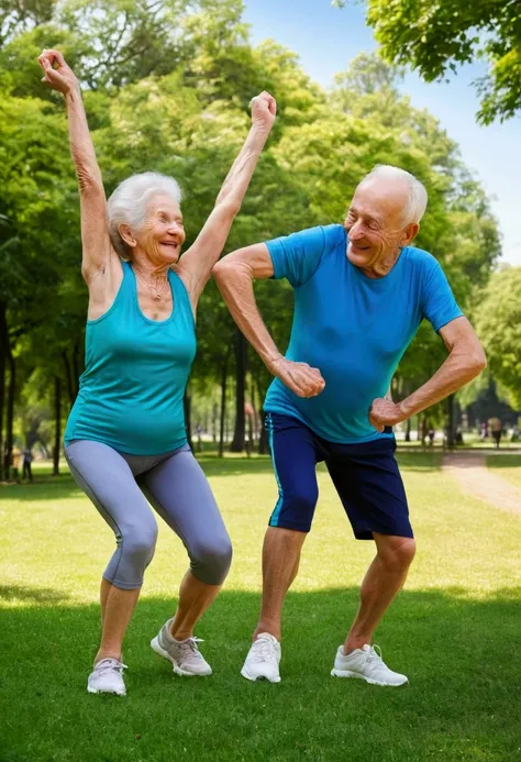 An outdoor park on a sunny day. Show at dinner ((an elderly couple)) in colorful sportswear, ((smiling and doing physical exercises)) (highlighting its flexibility and freedom of movement, symbolizing pain relief and a high quality of life). The background...