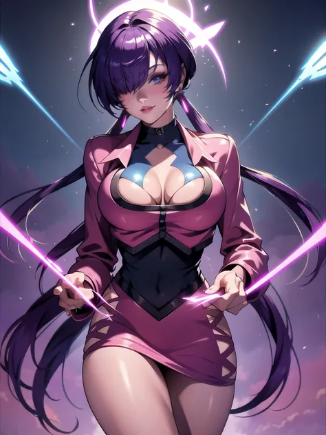 (night), in a video game scene with a neon background and a neon light, Standing at attention, pink suit, pink jacket, choker, neckline, clothing cut, earrings, purple hair, eyes completely covered by hair bangs ((hair over eyes)), 1 girl, 20 years old, Yo...