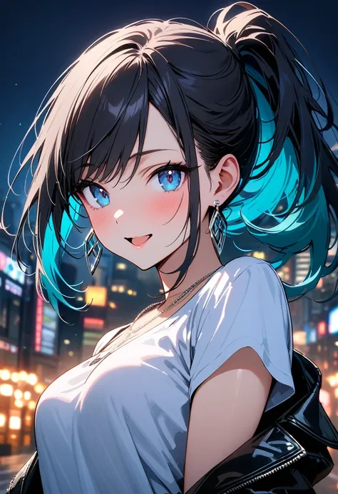 (masterpiece, best quality:1.3), (A young woman, 19-years-old, solo, Caucasian, black hair, cyan hair, gradient hair, ponytail, two-tone hair, swept bangs, cheerful smile, mouth open, blue eyes, perfecteyes:1.1), (black leather jacket, white t-shirt, thin ...