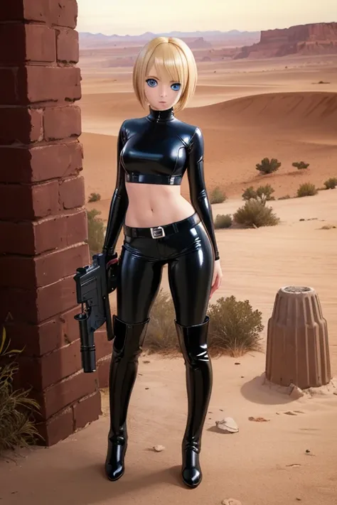 Perfect Anatomy　Highest quality,Highest Resolution,(((hot pants　boots　latex)))　Metal Max 2:Reloaded　Lena　gun　Blonde　short　Blue Eyes　C cup　Toned　16 years old　end of the century　desert　wilderness　ruins