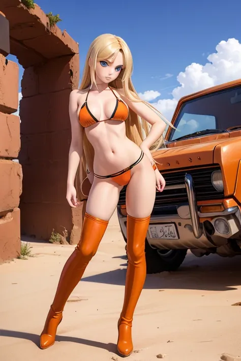 Perfect Anatomy　Highest quality,Highest Resolution,(((Dark orange bikini　Thigh-high boots)))　Metal Max 2:Reloaded　Mishka　Blonde　long hair　Blue Eyes　D Cup　20-year-old　end of the century　desert　wilderness　ruins　athletic　Warrior　cool