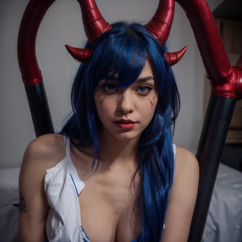 1 solo girl, demon, red horns, stand, blue tail hair