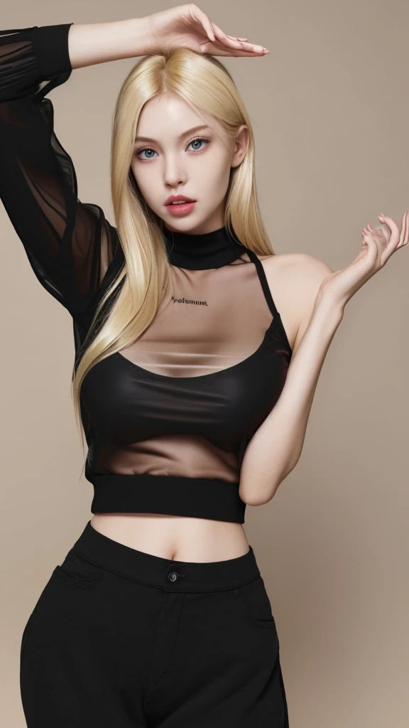 Blonde women  in tight transparent black top  proudly shows her exaggeratedly large  