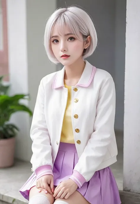 high quality , best masterpiece , girl , short white hair with , yellow eyes , white shirt with light purple jacket , lovely pink skirt , white long socks , cute , sitting