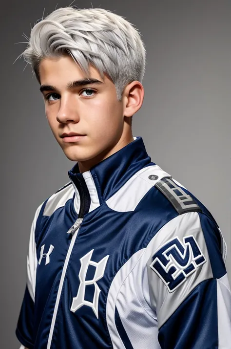 14 year old boy with white hair and gray tips in the ua uniform