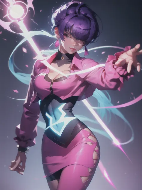 (night), in a video game scene with a neon background and a neon light, Standing at attention, pink suit, pink jacket, choker, neckline, clothing cut, earrings, purple hair, eyes completely covered by hair bangs ((hair over eyes)), 1 girl, 20 years old, Yo...