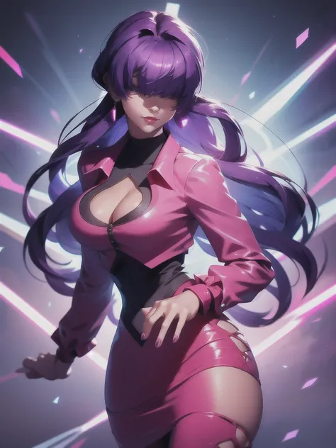 (night), in a video game scene with a neon background and a neon light, Standing at attention, pink suit, pink jacket, choker, neckline, clothing cut, earrings, purple hair, eyes completely covered by hair bangs ((hair over eyes)), 1 girl, 20 years old, Yo...