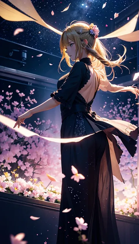 １people々々々々々々,Blonde long-haired woman，Dress Silhouette，Dancing silhouette，dance， Rear View，Space Sky, Flower Field，Colorful flowers，Fluttering petals，