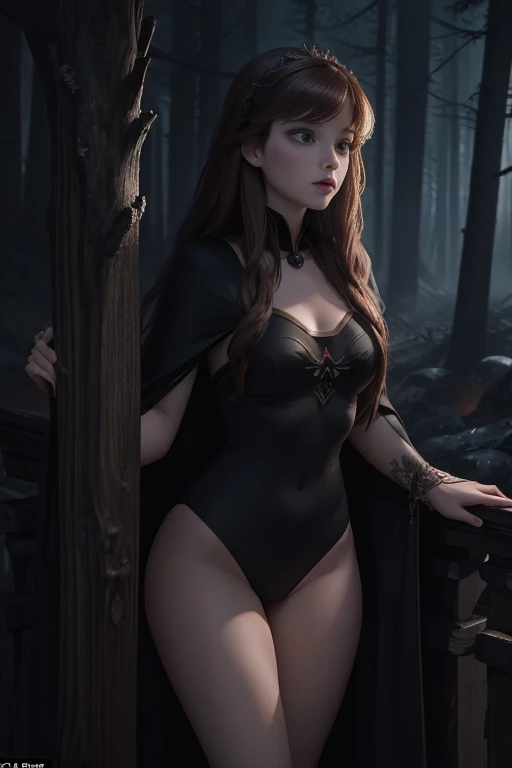 masterpiece, Highest quality, masterpiece, (One girl), (letter), Evil Witch, Dark Energy, Empty, Hollow Eyes, (an extremely evil), black magic, Dark Forest, Negative Energy, hell, Empty, performer, Brown Hair,Wearing a black high-cut swimsuit、Anna of Arend...