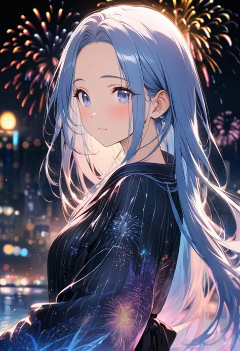 (immensely beautiful Realistic quality fireworks style), (double exposure:1.2 fireworks in hers pupil), (a forehead blue hair long hair cute girl, in a exposure yukata), BREAK, 16k, beautiful detailed.