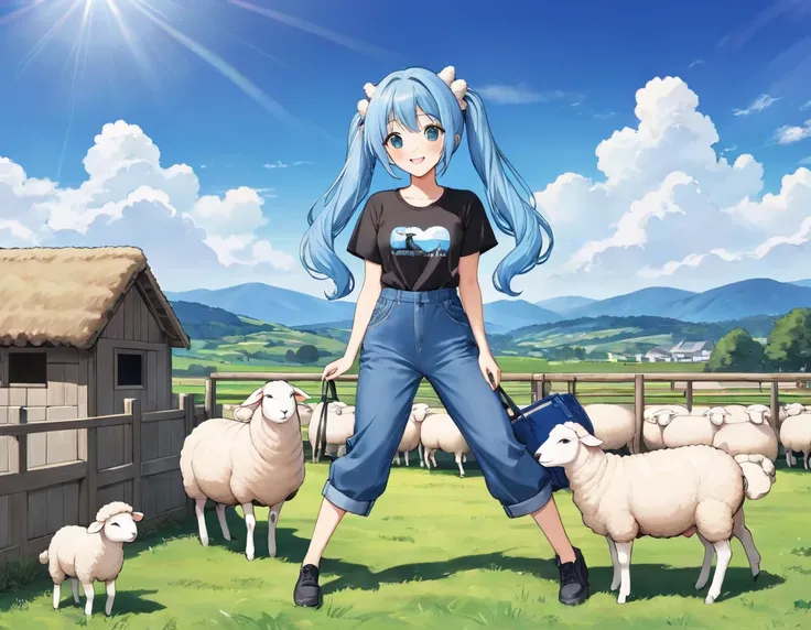 Light blue long hair、Beautiful girl with twin tails、T-shirt and denim jumpsuit、Bright smile、Sheep Farm、Lots of sheep、blue sky、Two dogs watching over the sheep